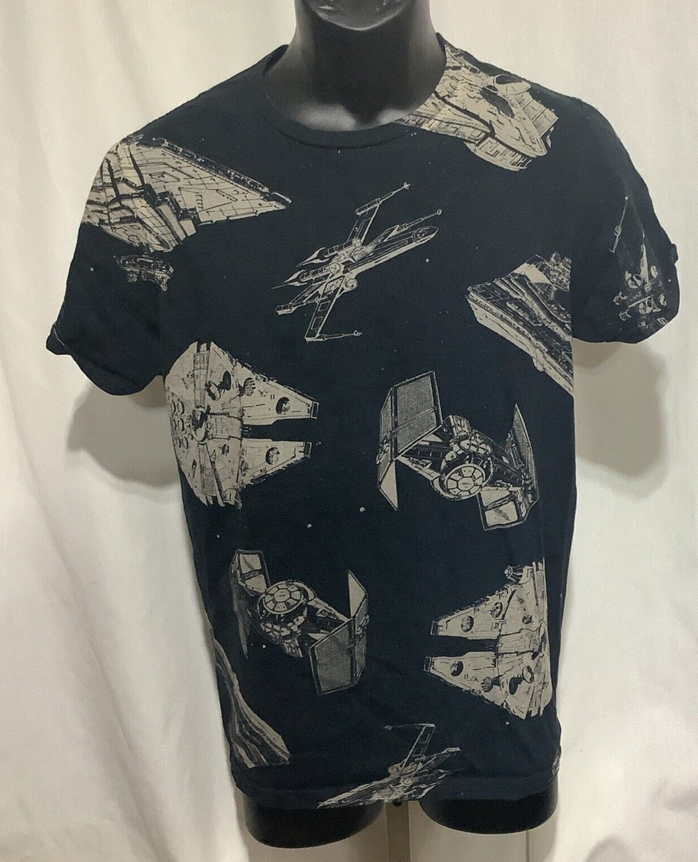 Star Wars Mad Engine All Over Print Graphic T Shirt Small Black Ships Millennium
